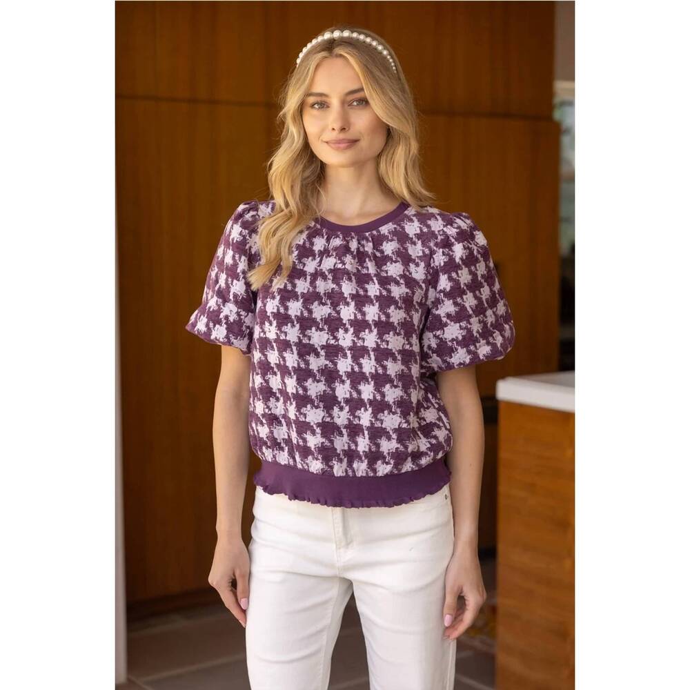 NEW VOY houndstooth velvet contrast band top in plum